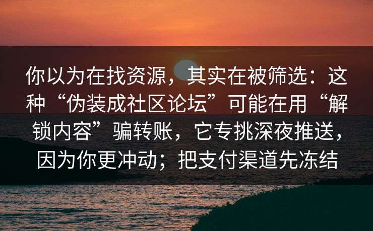 你以为在找资源，其实在被筛选：这种“伪装成社区论坛”可能在用“解锁内容”骗转账，它专挑深夜推送，因为你更冲动；把支付渠道先冻结