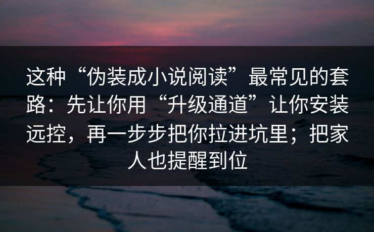 这种“伪装成小说阅读”最常见的套路：先让你用“升级通道”让你安装远控，再一步步把你拉进坑里；把家人也提醒到位