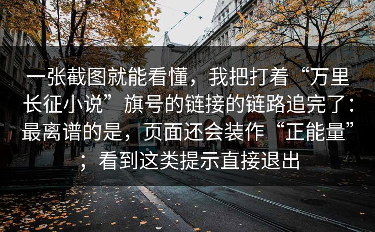 一张截图就能看懂，我把打着“万里长征小说”旗号的链接的链路追完了：最离谱的是，页面还会装作“正能量”；看到这类提示直接退出
